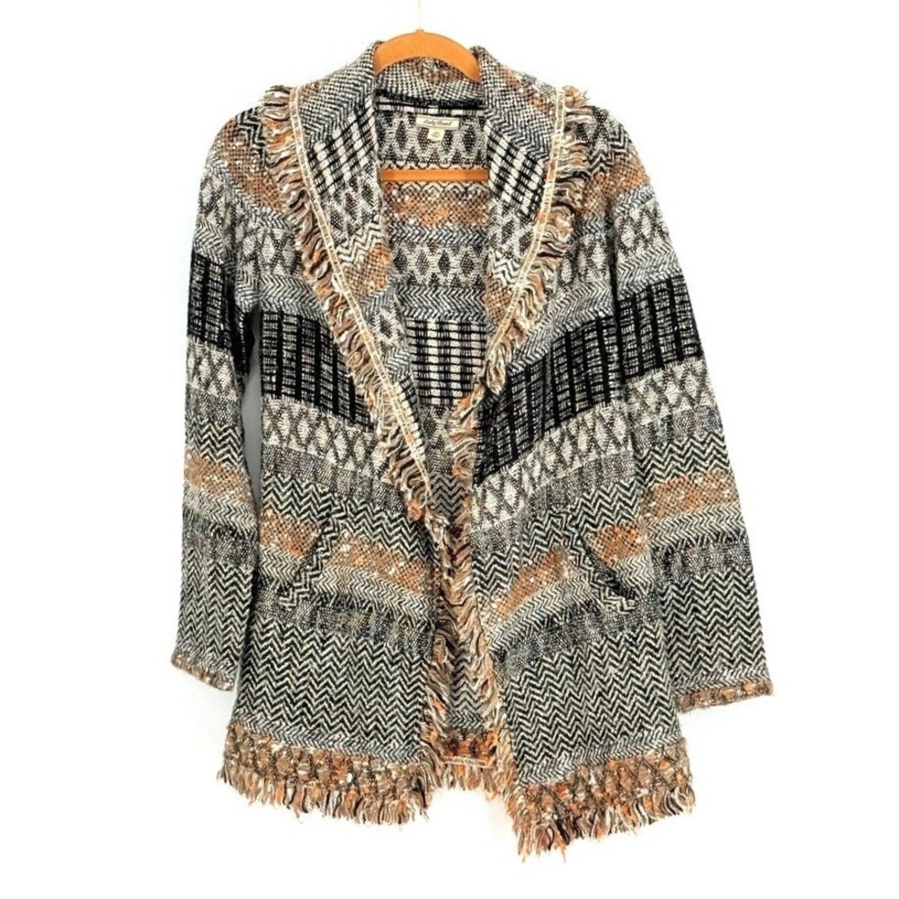 Lucky Southwestern Boho Fringed Geometric Open Front Sweater Blazer Size XS Fall